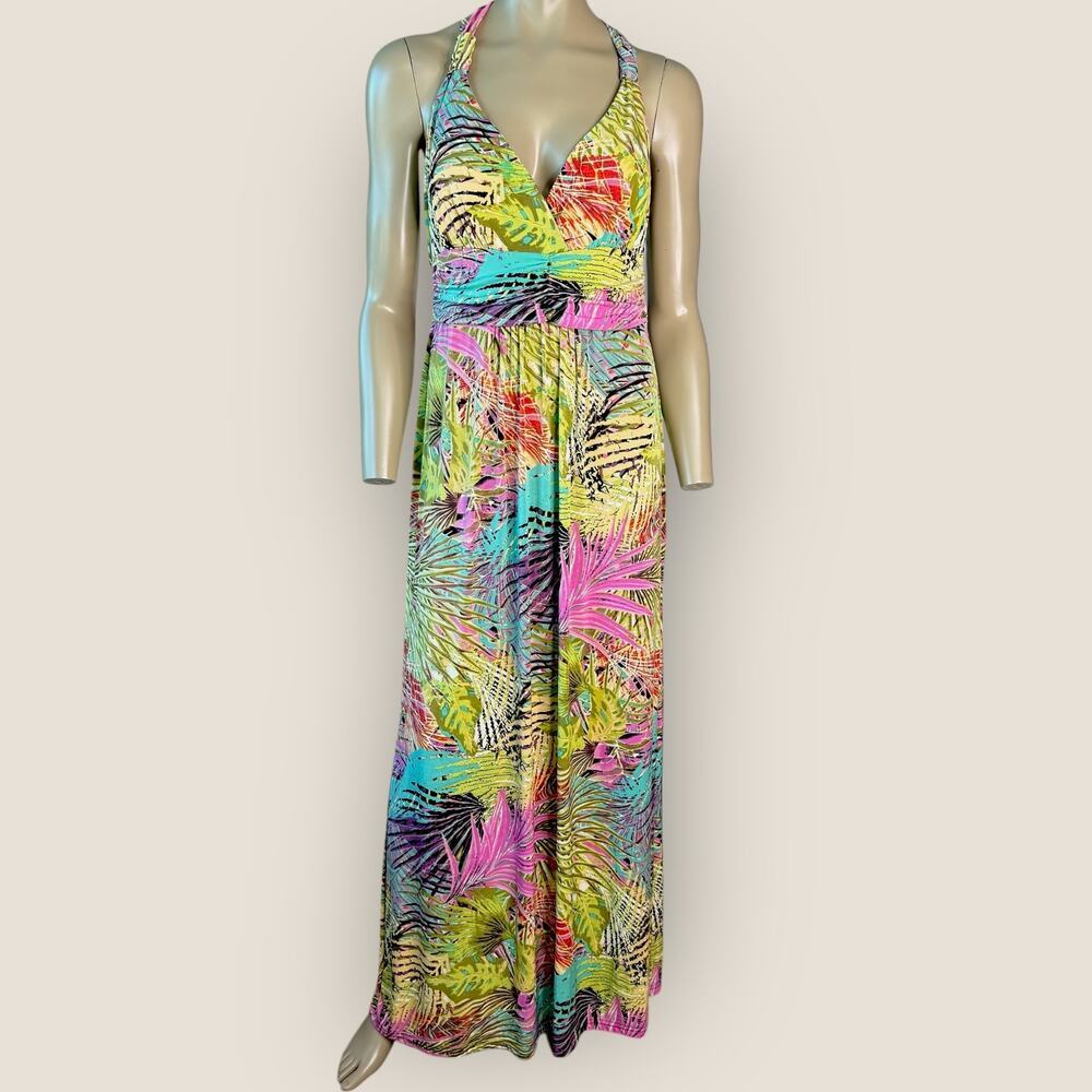 Mlle Gabrielle Tropical Halter Maxi Dress BOHO Women L Jersey Floral Palm Print